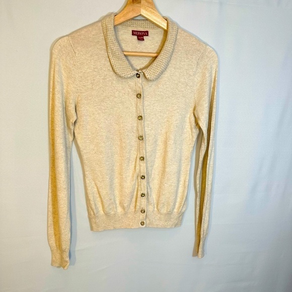 Merona Knit Tan Long Sleeve Peter Pan Gold Studded Embellished Collar Sweater XS - Picture 11 of 13